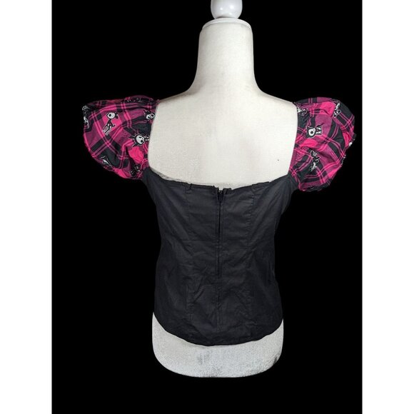 Skelanimals Gothic Laced Front Puff Sleeve Black And Magenta Top - Picture 4 of 7